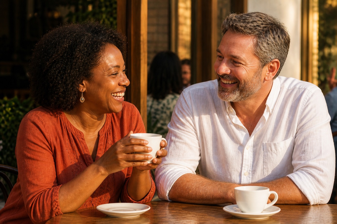 A couple laughing over coffee