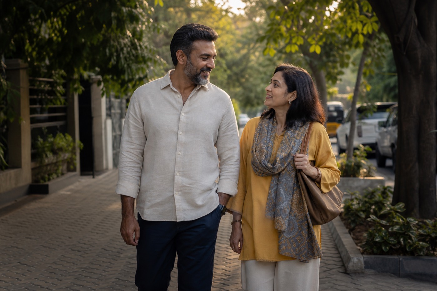A couple walking together on a leafy street