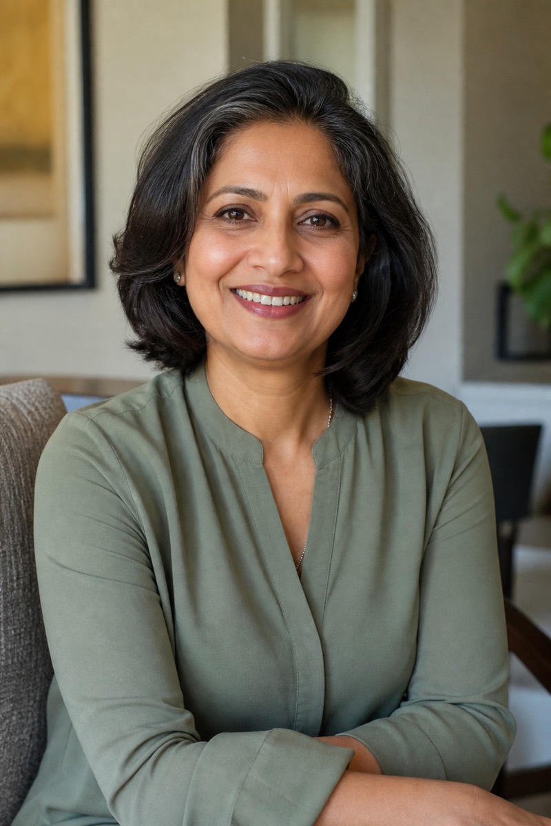 A woman in her late forties, smiling