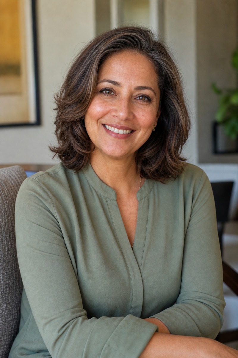 A woman in her late forties smiling